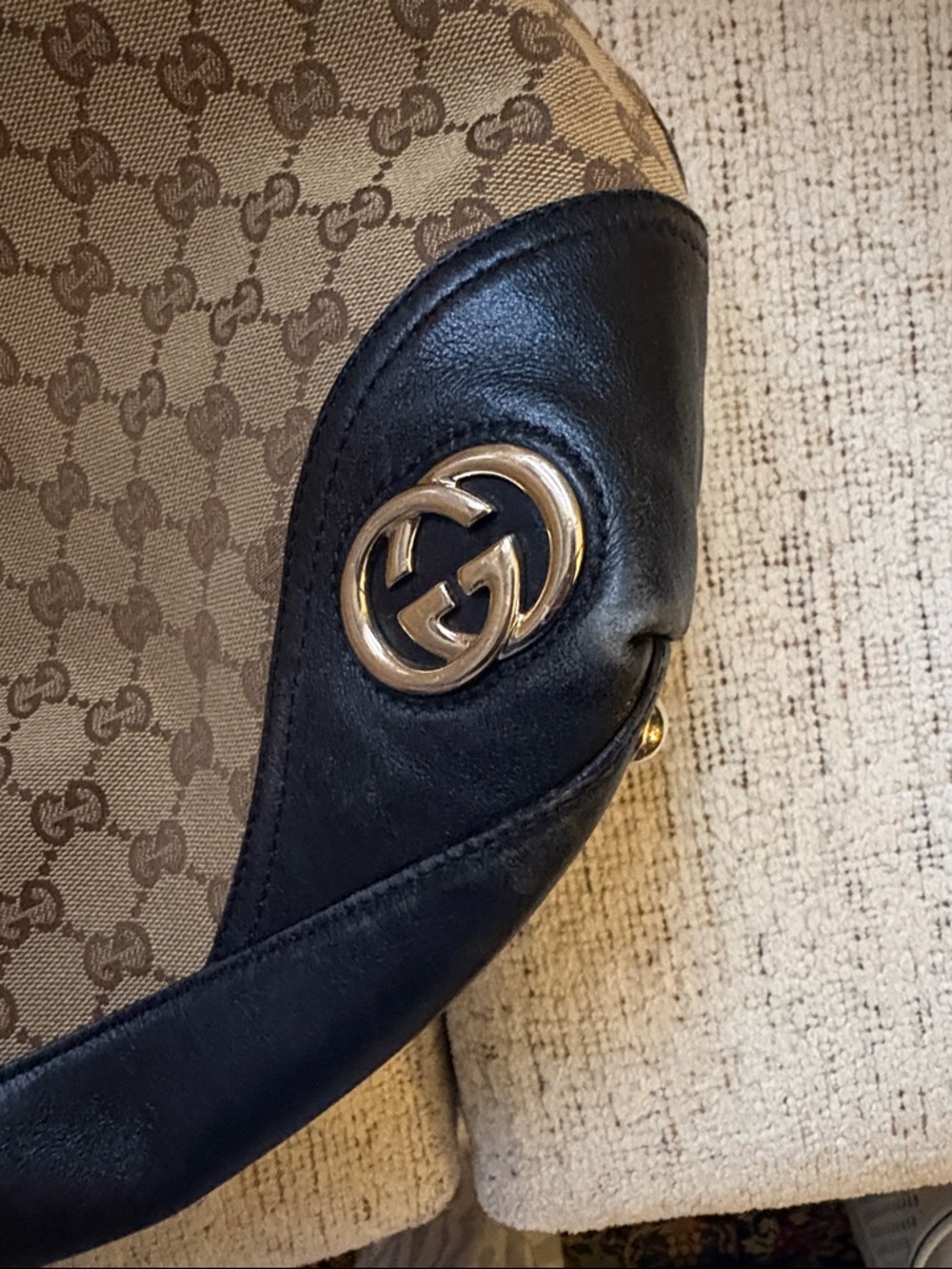REPOSHING Gucci Brown GG Canvas Tote with Black Leather Trim - Picture 4 of 10